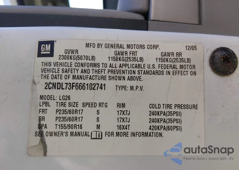2006 Chevrolet Equinox Lt from USA, damaged, VIN 2CNDL73F666102741